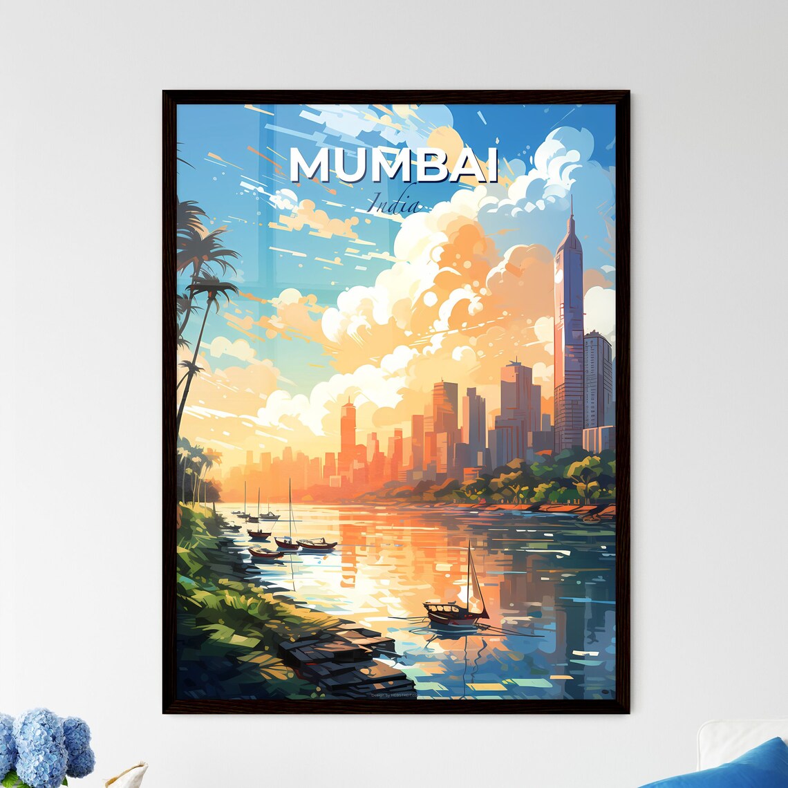 Mumbai India Harbor Boats Sunset Skyline Colorful Travel Poster