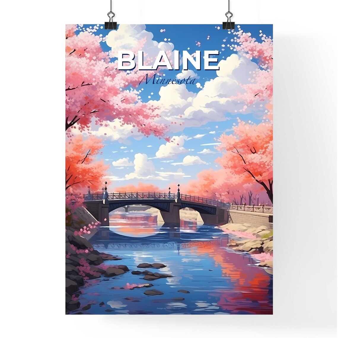 Blaine Minnesota Cherry Blossom River Bridge Travel Poster Art - Image 4