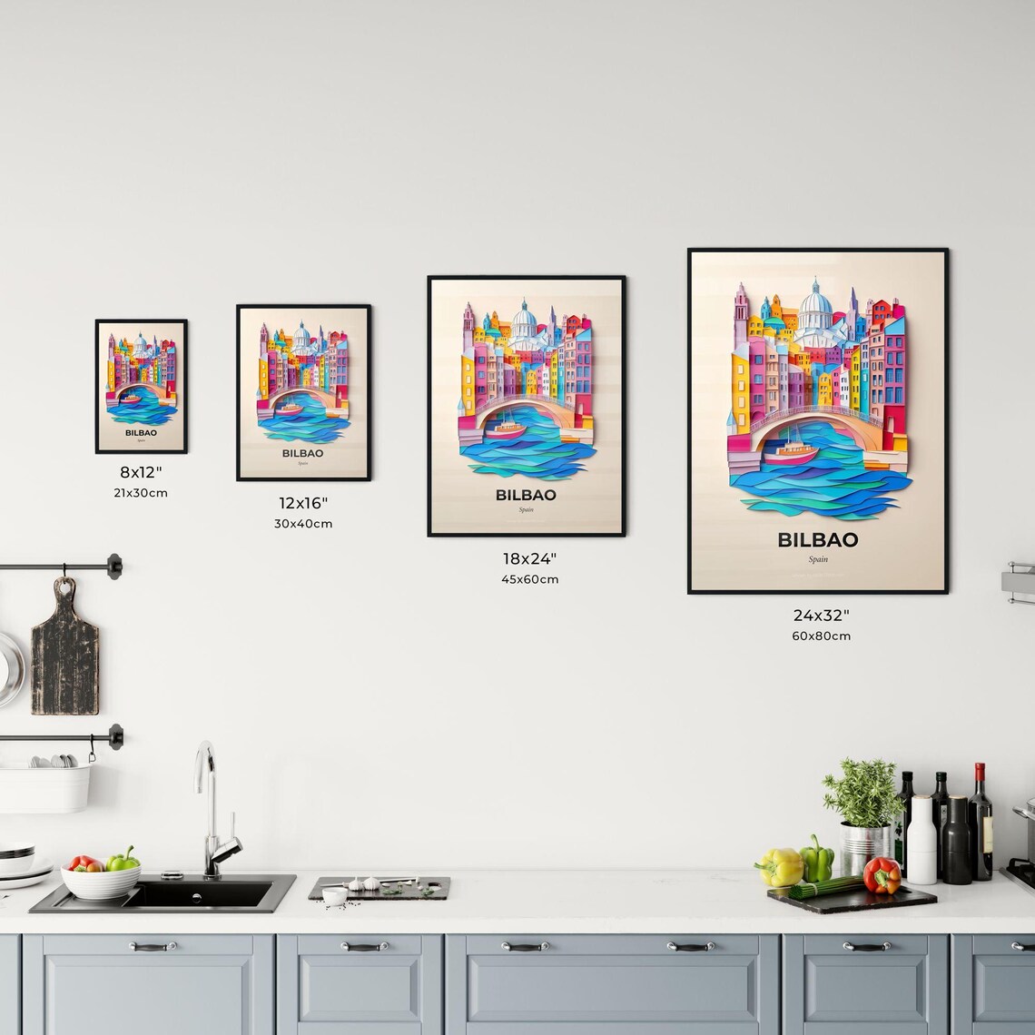 Bilbao Spain Old Town River Boat Colorful Paper Cut Art Poster - Image 3