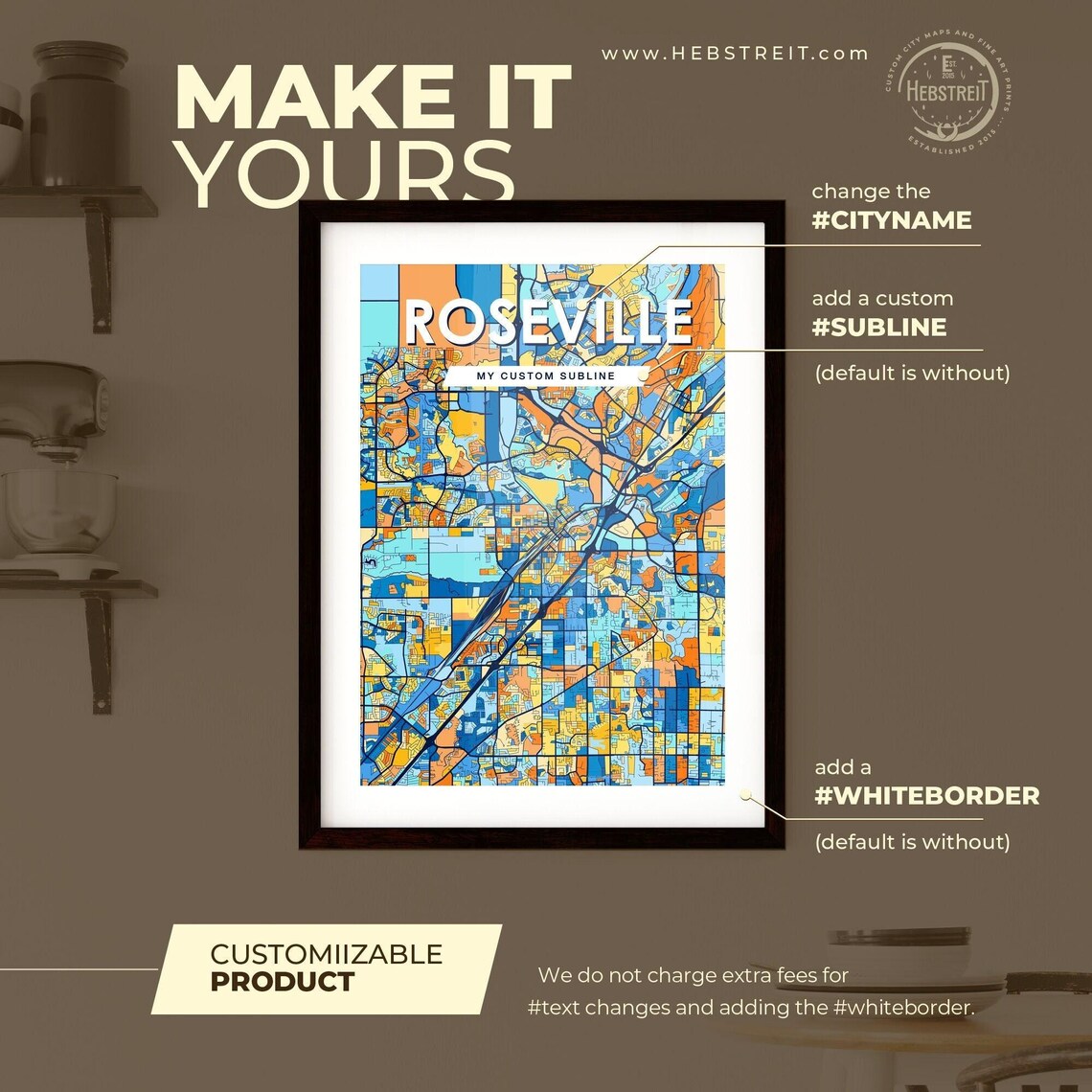 Roseville California Vibrant Colorful Illustrated Street Map Art Poster - Image 2