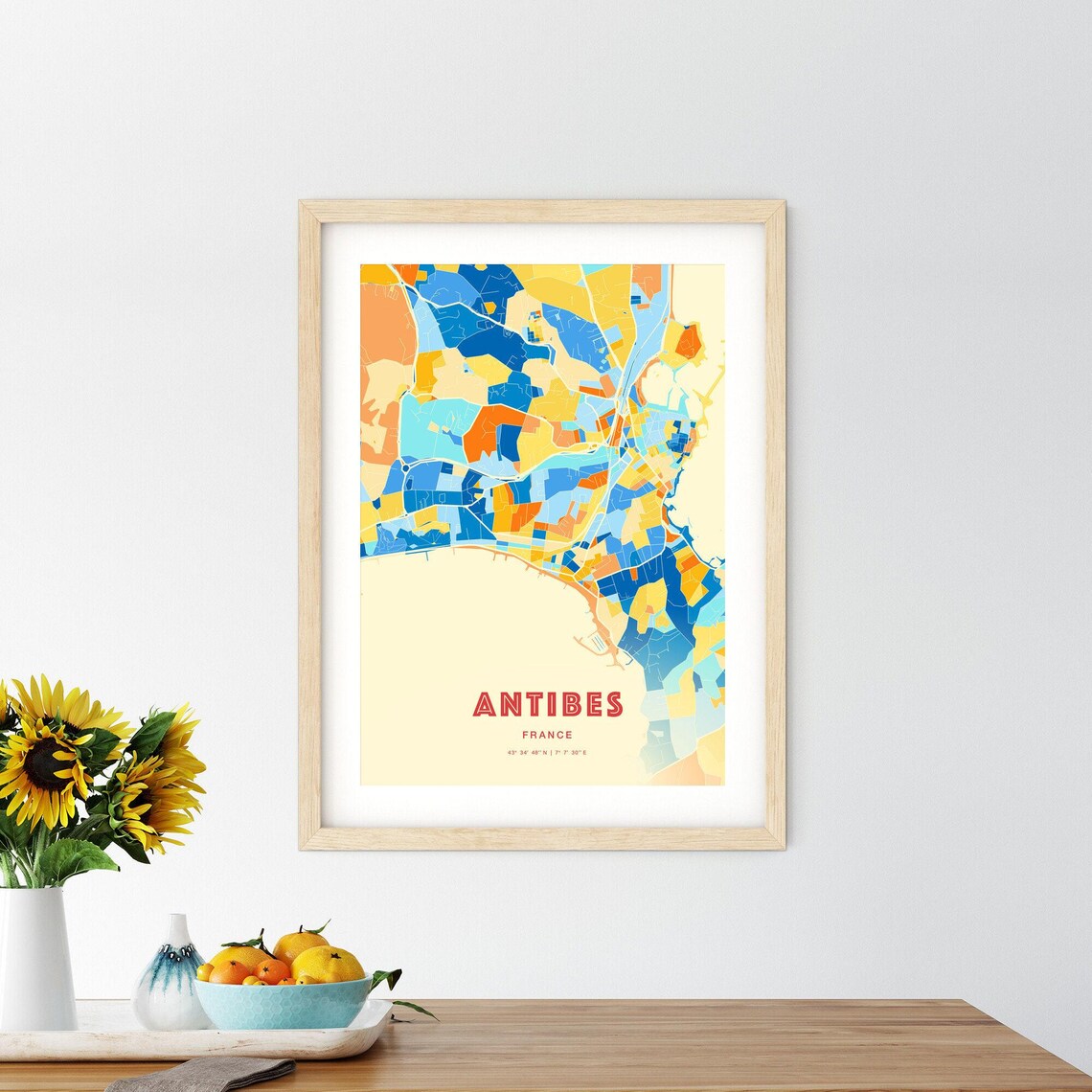Antibes France Coastal Modern Colorful City Map Blue Orange Poster - Image 2