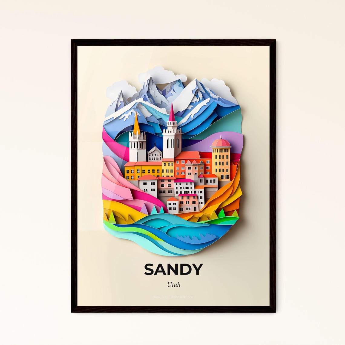 Sandy Utah Snowcapped Mountain Town Colorful 3D Paper Cut Art Poster