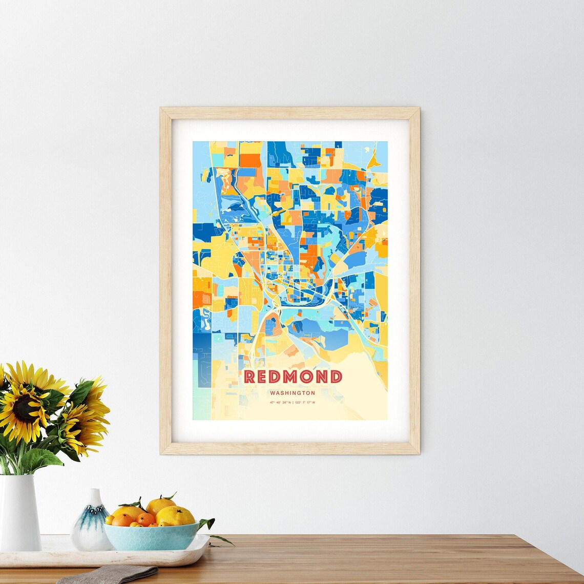 Redmond Washington Modern Colorful City Street Map Art Poster - Image 2