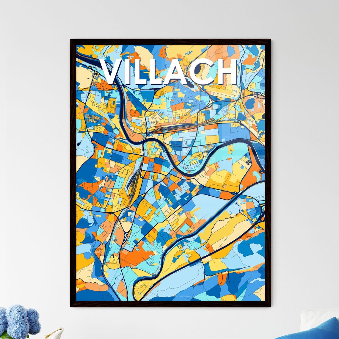 Villach Austria Colorful City Street Map Poster Art Blue Orange