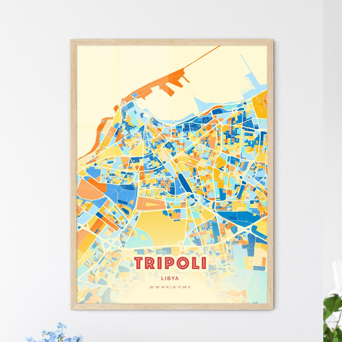 Tripoli Libya Blue Orange Mediterranean Harbor Map Art Poster