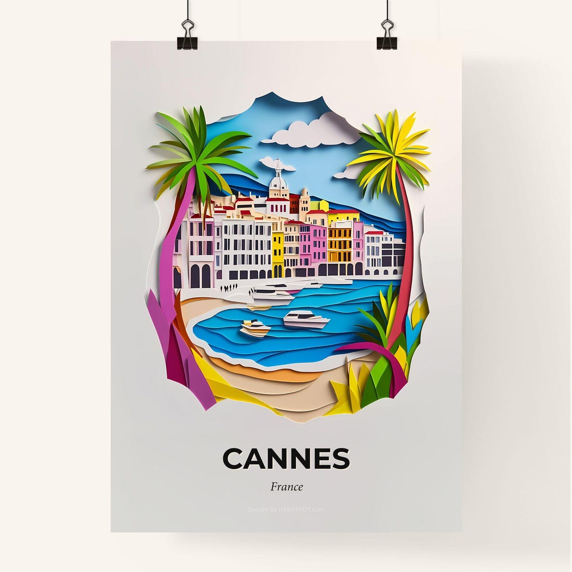 Cannes France Colorful Paper Cut Boats and Palm Trees Poster - Image 4