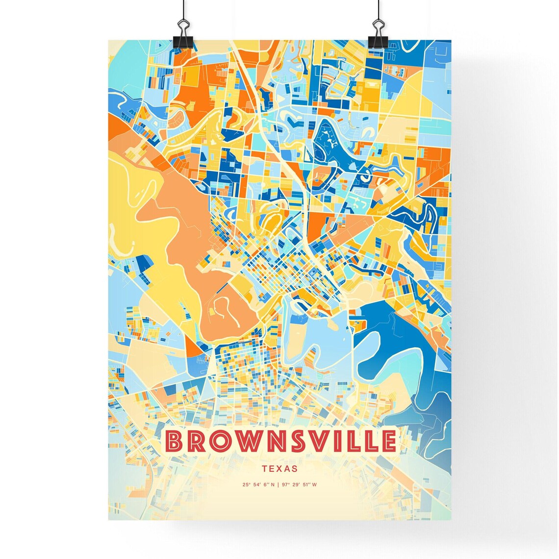 Brownsville Texas Colorful Vibrant Blue Orange City Map Art Poster - Image 3