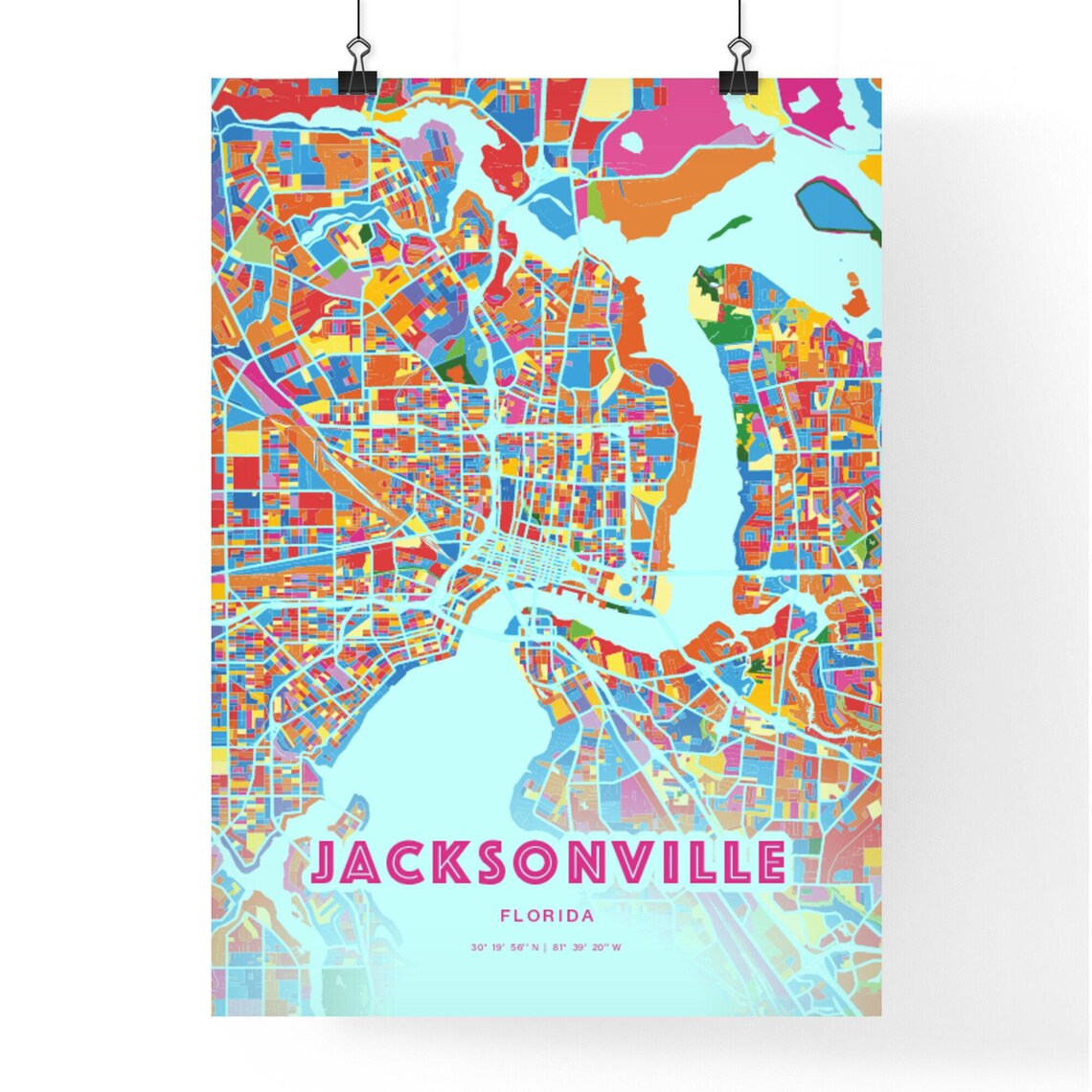 Jacksonville Florida Colorful City Map Art Poster in Pink and Turquoise - Image 3