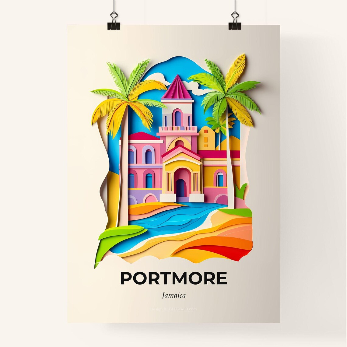 Portmore Jamaica Church Palm Trees Colorful Paper Cut Art Poster - Image 4