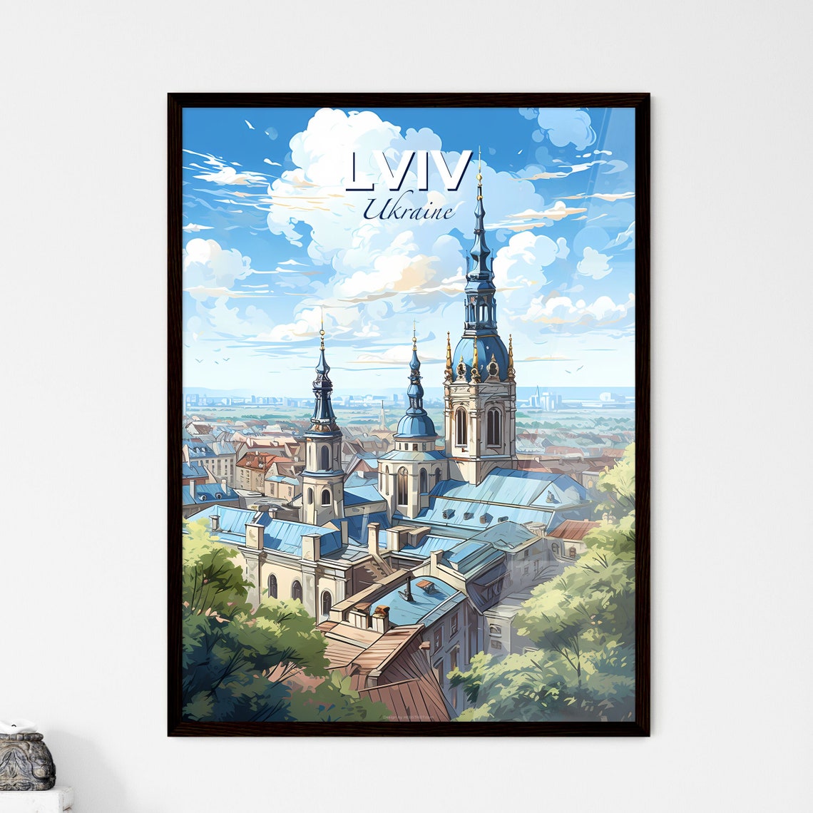 Lviv Ukraine Blue Domed Cathedral Historic Old Town Travel Poster
