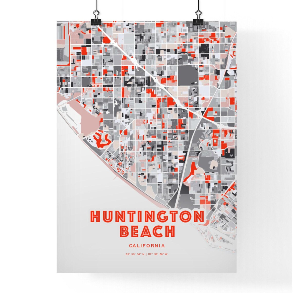 Huntington Beach California Expressive Red Abstract City Map Art Poster - Image 3