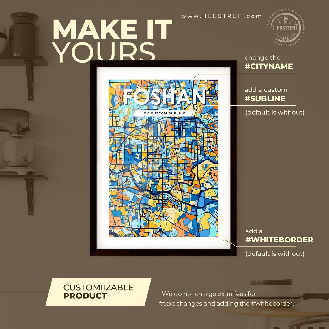 Foshan China Bold City Map Art Poster in Navy Orange and Yellow - Image 2