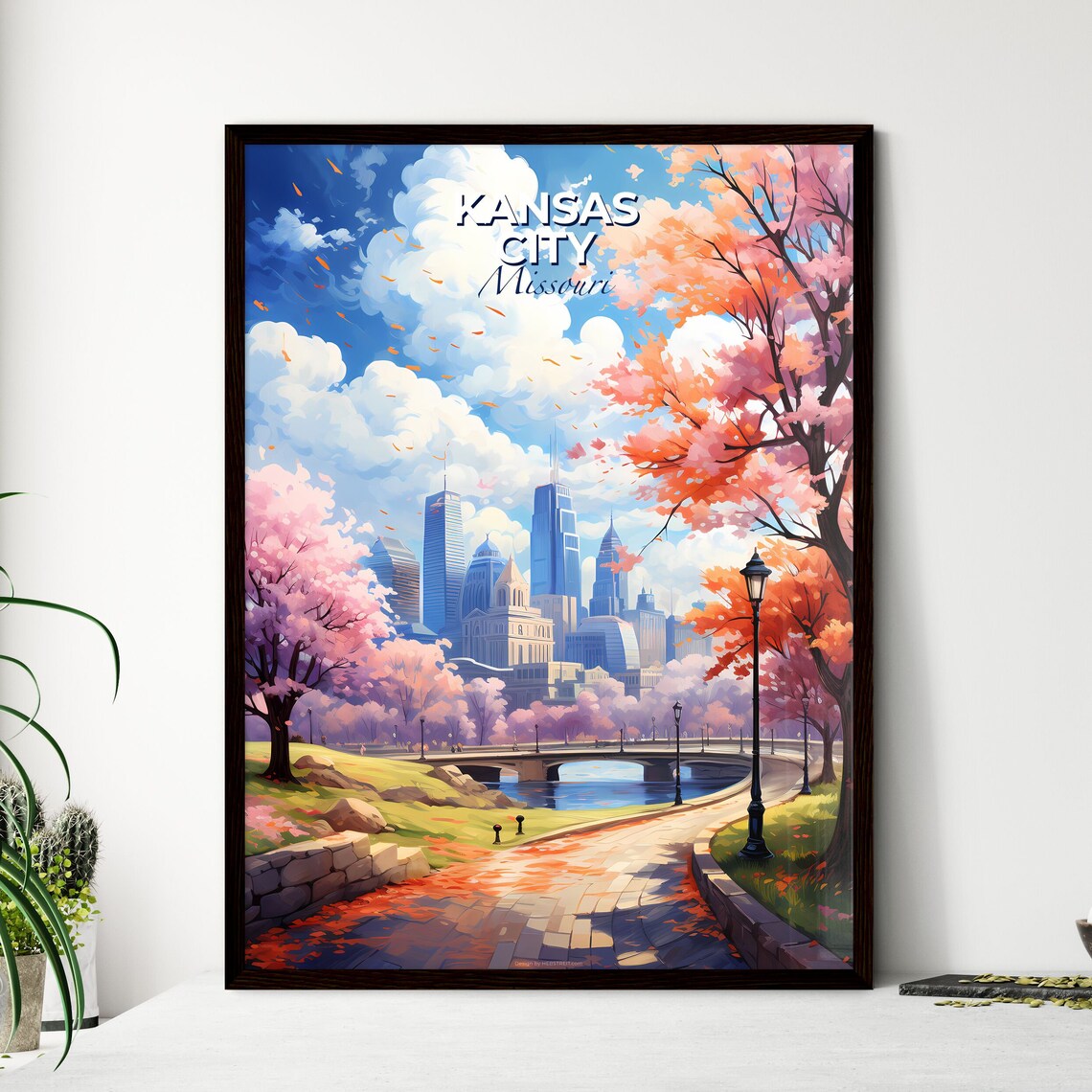 Kansas City Missouri Autumn Park Lake Skyline Travel Art Poster