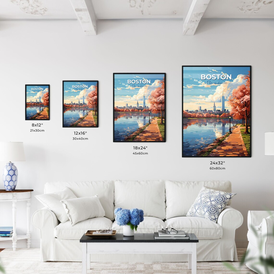 Boston Massachusetts Lake Path Blossom Trees Skyline Travel Poster - Image 3