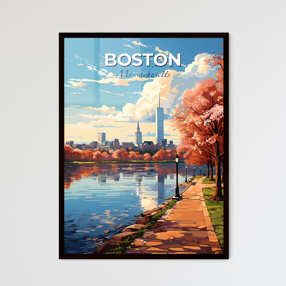 Boston Massachusetts Lake Path Blossom Trees Skyline Travel Poster