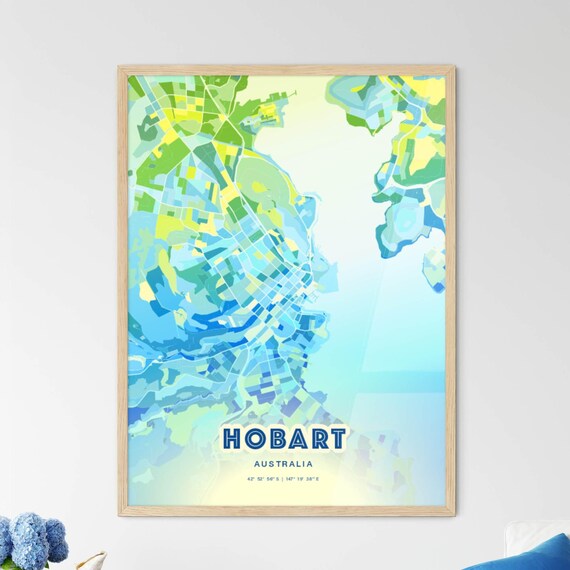 Hobart Australia Soft Blue Green Street Map City Decor Art Poster