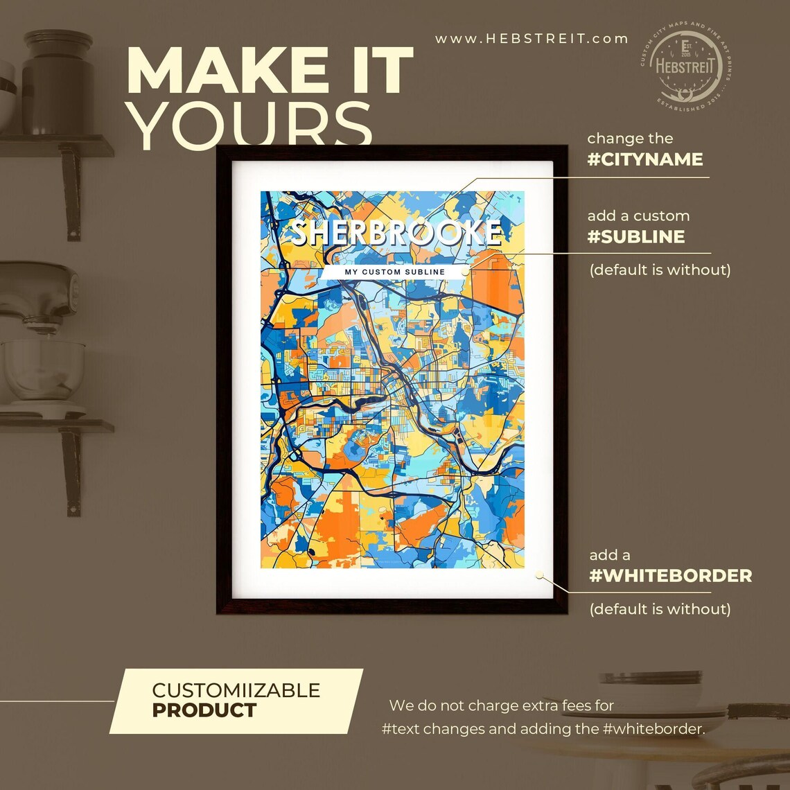 Sherbrooke Canada Bold City Map Art Poster in Navy Orange and Yellow - Image 2