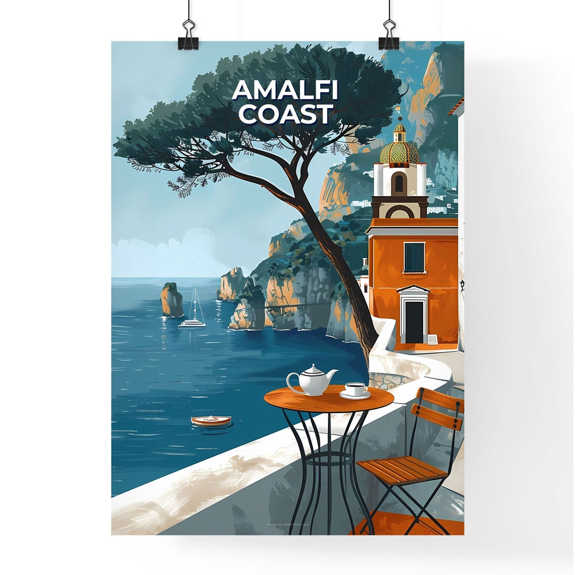 Amalfi Coast Italy Seaside Terrace Cafe Cliffs Sailboat Poster - Image 4