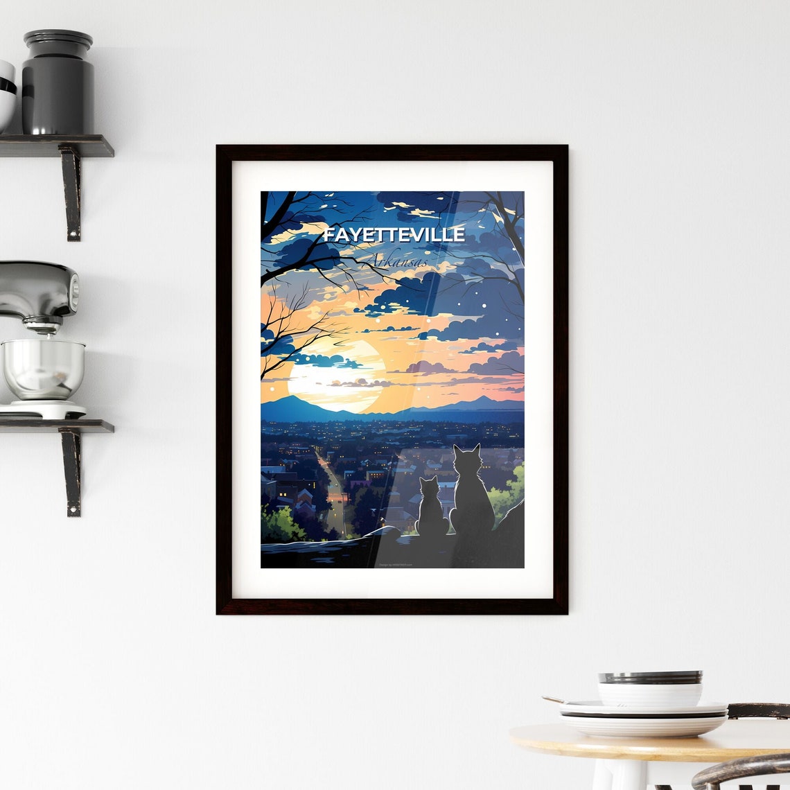 Fayetteville Arkansas Night City View With Two Cats Silhouette Poster - Image 2