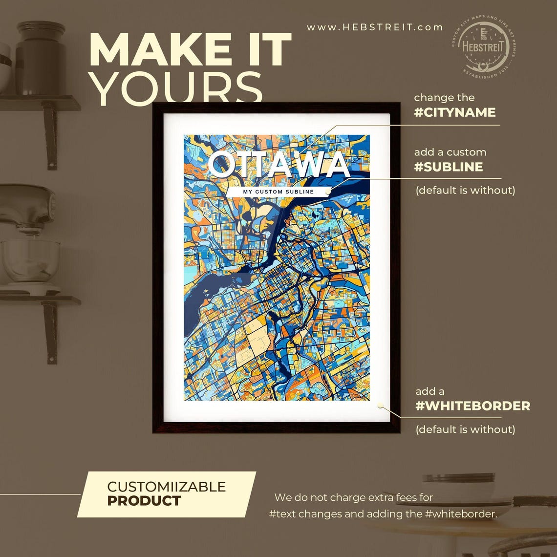 Ottawa Canada Bold City Map Art Poster in Navy Orange and Yellow - Image 2