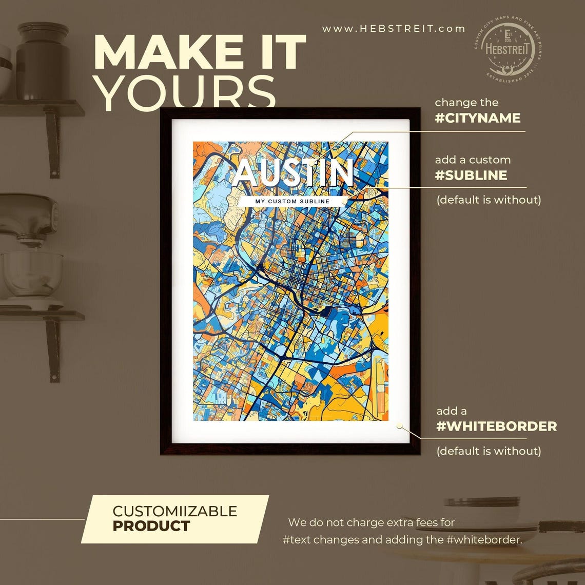Austin Texas Blue Orange Colorful City Street Map Art Poster - Image 2