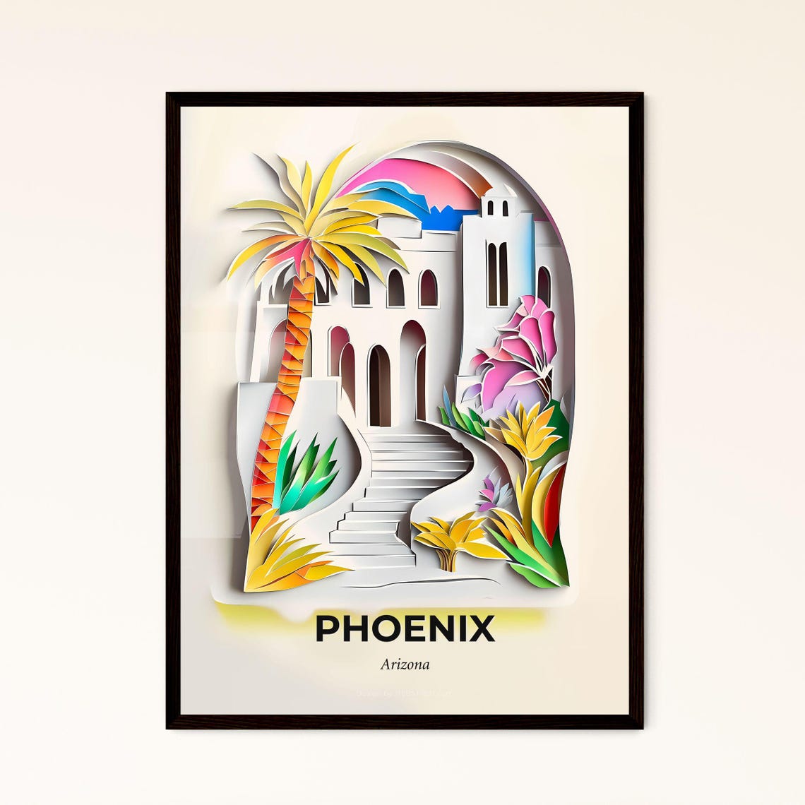 Phoenix Arizona Desert Palm Mission Architecture Papercut Poster