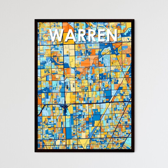 Warren Michigan Stylish Vibrant Blue and Orange Mosaic City Map Poster