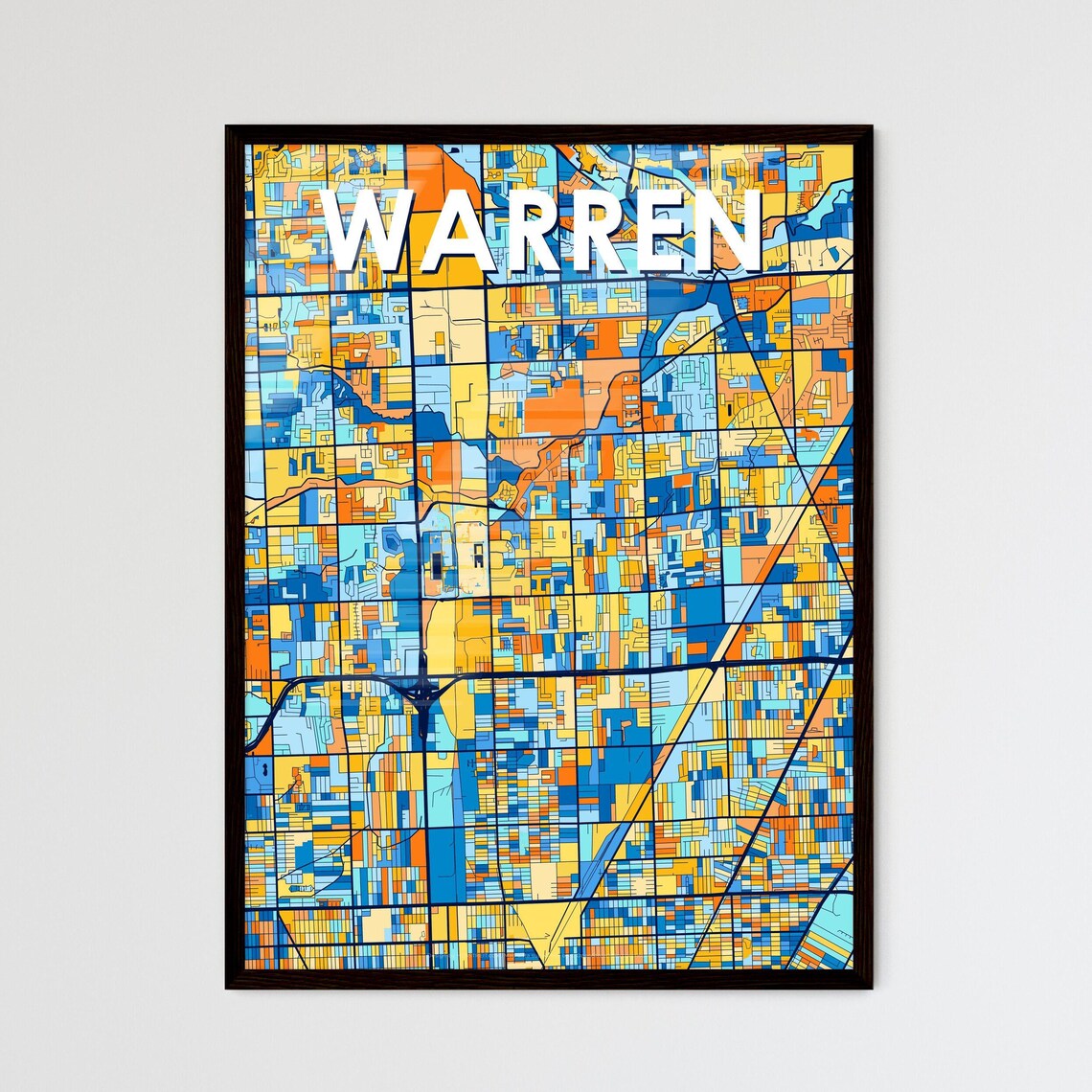 Warren Michigan Stylish Vibrant Blue and Orange Mosaic City Map Poster