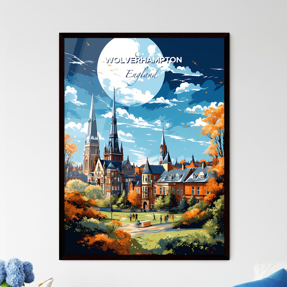 Wolverhampton England Travel Poster Moonlit Church Spires Autumn Illustration