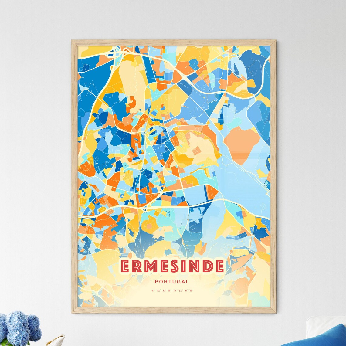 Ermesinde Portugal Colorful Blue Orange Map Art Poster Wall Decor - Image 3