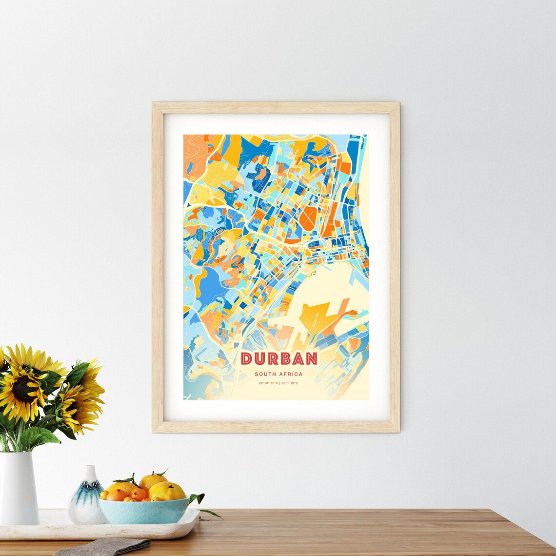 Durban South Africa Colorful City Map Poster Blue Orange Coastal Decor - Image 2