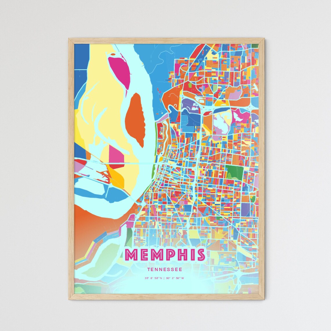 Memphis Tennessee Colorful City Map Art Poster in Pink and Turquoise