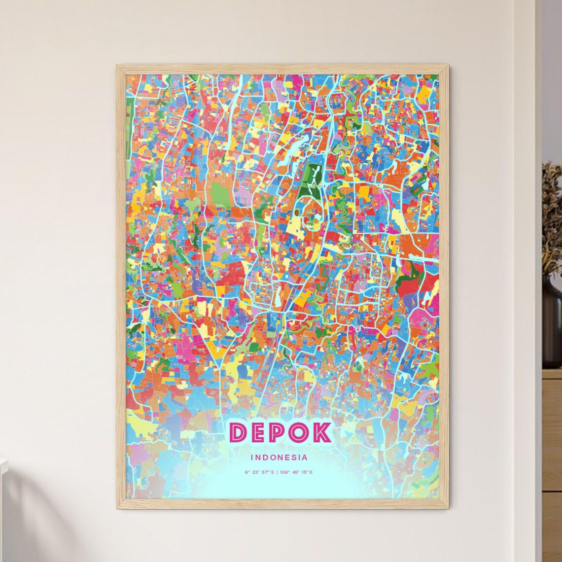 Depok Indonesia Rainbow City Map Poster Vibrant Colorful Street Grid Art