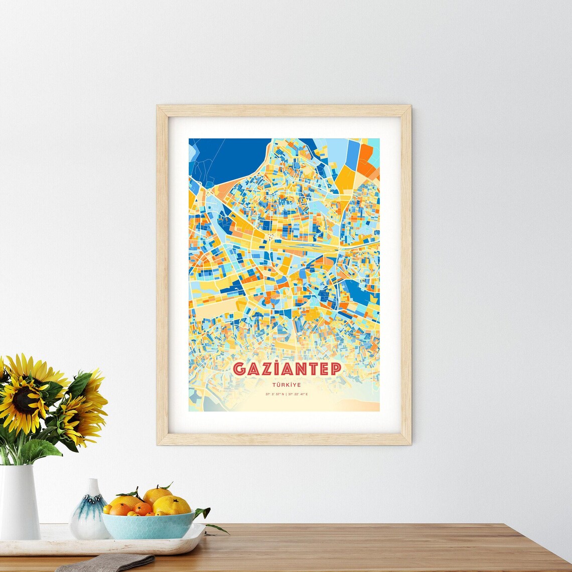 Gaziantep Turkey Colorful Blue and Orange Retro City Street Map Wall Art - Image 2