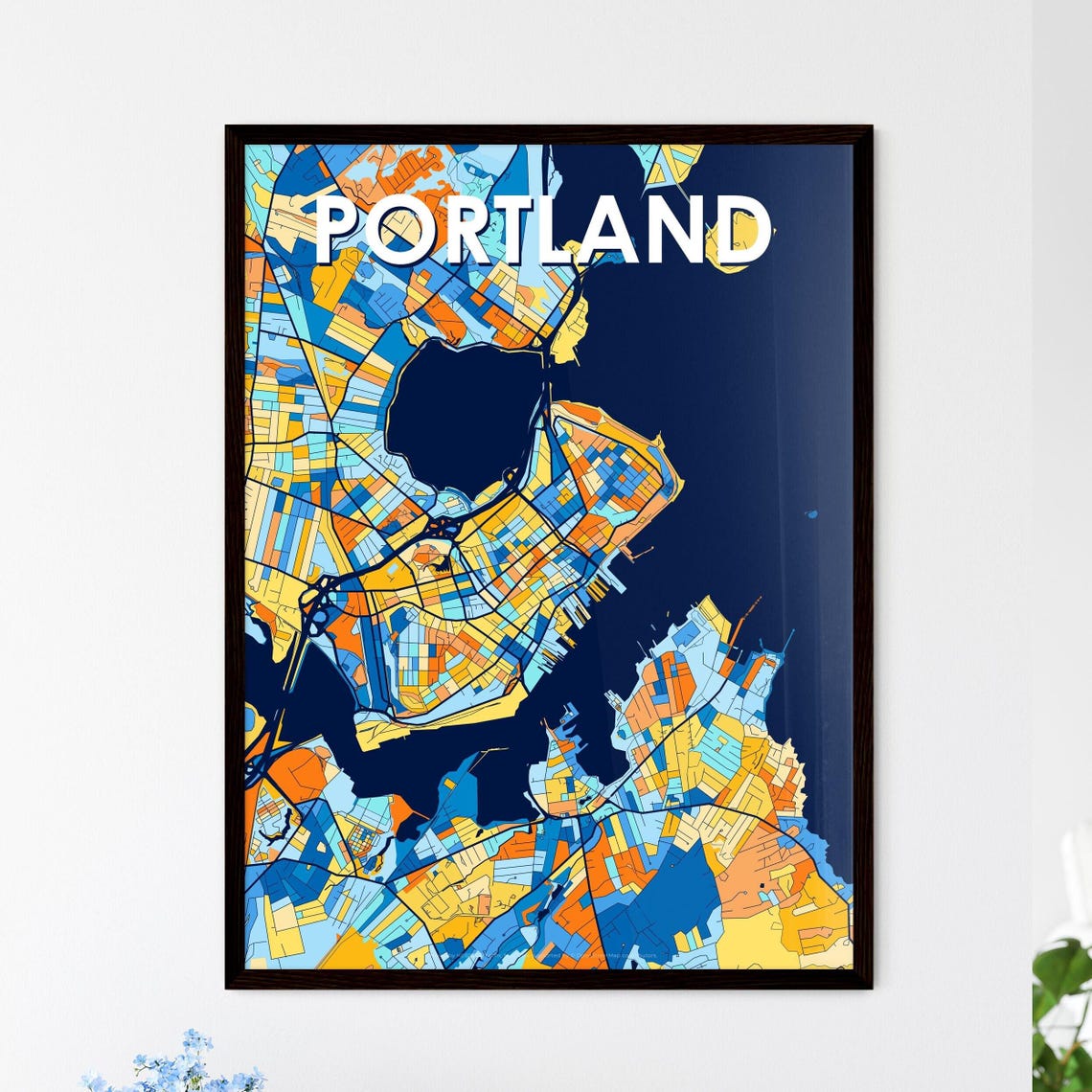 Portland Maine Vibrant Stylized Blue and Orange City Map Poster