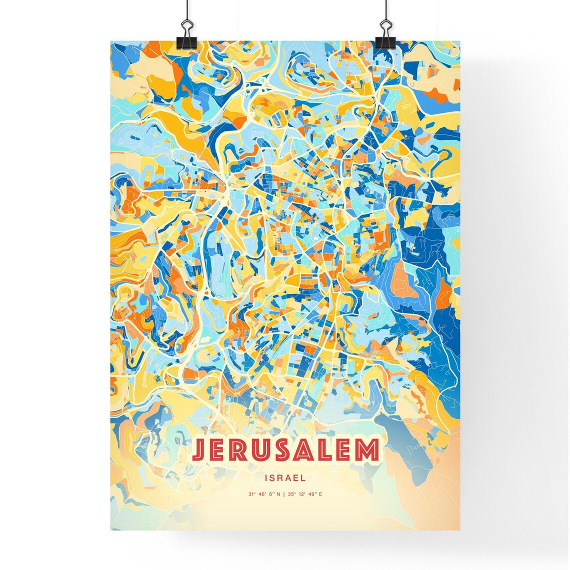 Jerusalem Israel Vibrant Colorful Blue Orange City Map Art Poster - Image 3