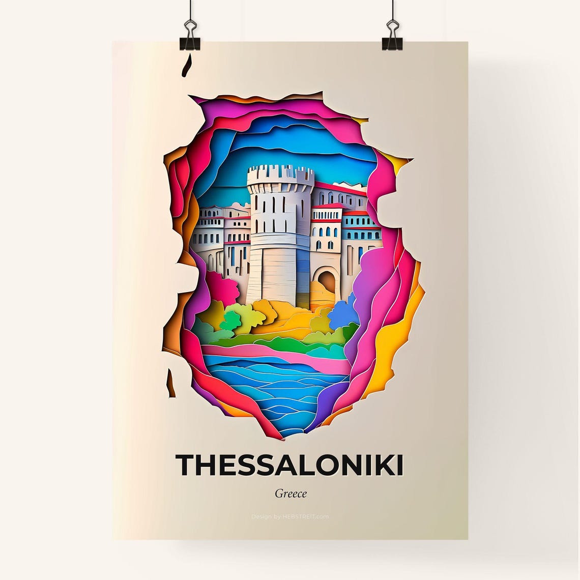 Thessaloniki Greece White Tower Colorful Paper Cut Art Poster - Image 4