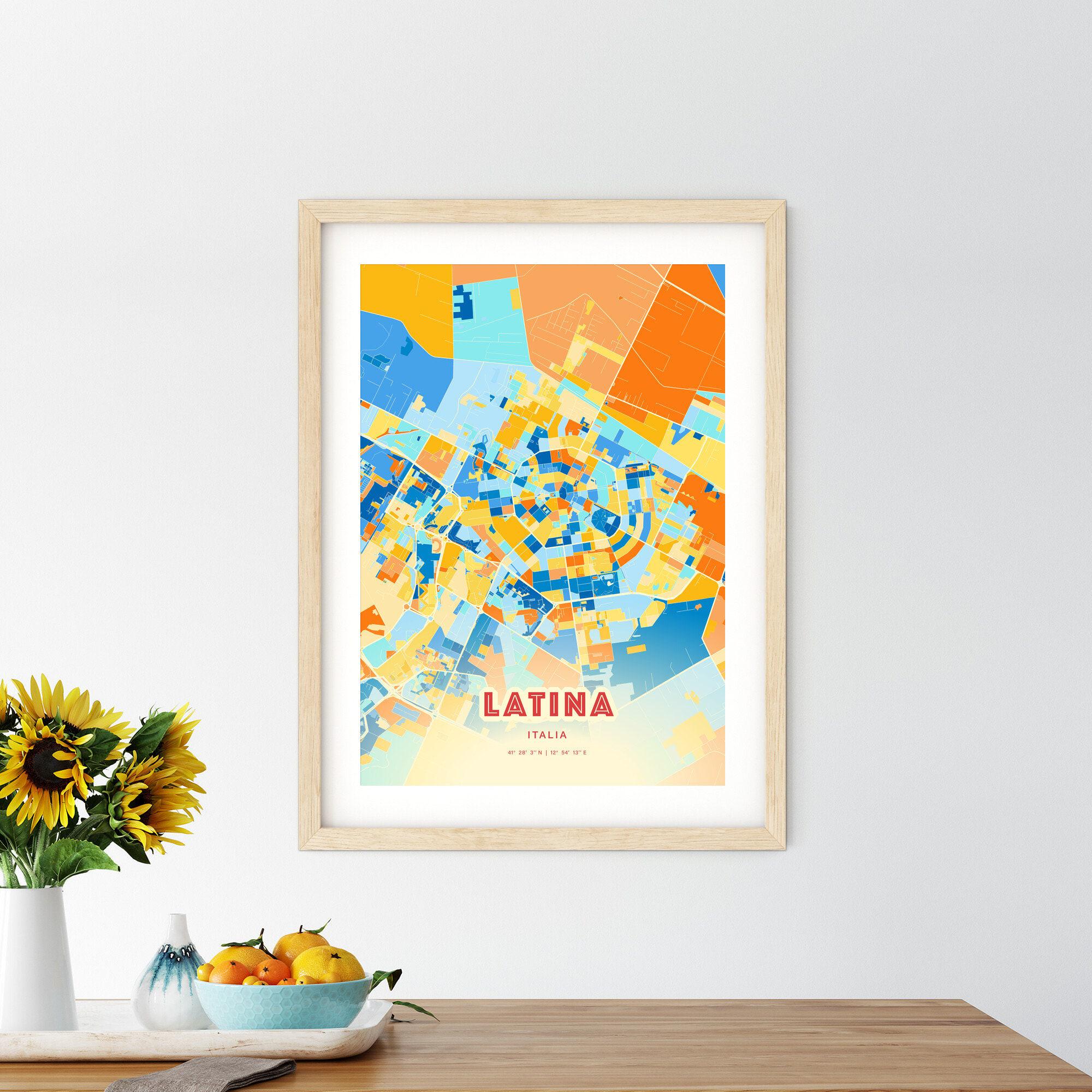 Latina Italy Bold Vibrant Blue Orange Mosaic City Map Poster - Image 2