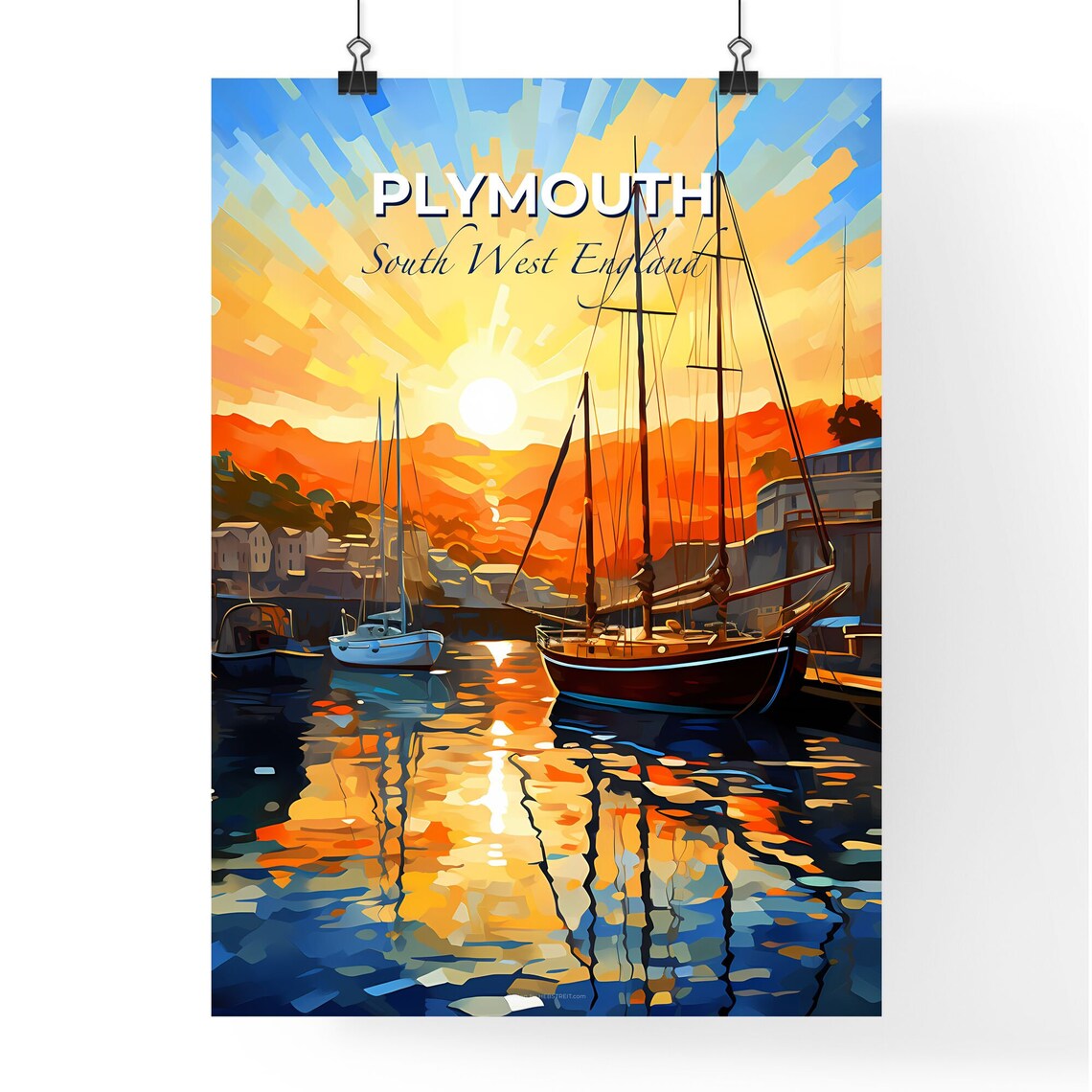 Plymouth South West England Sailboat Harbor Sunset Art Poster - Image 4