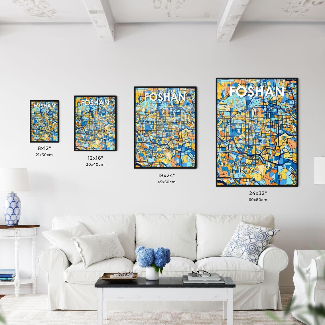 Foshan China Bold City Map Art Poster in Navy Orange and Yellow - Image 3