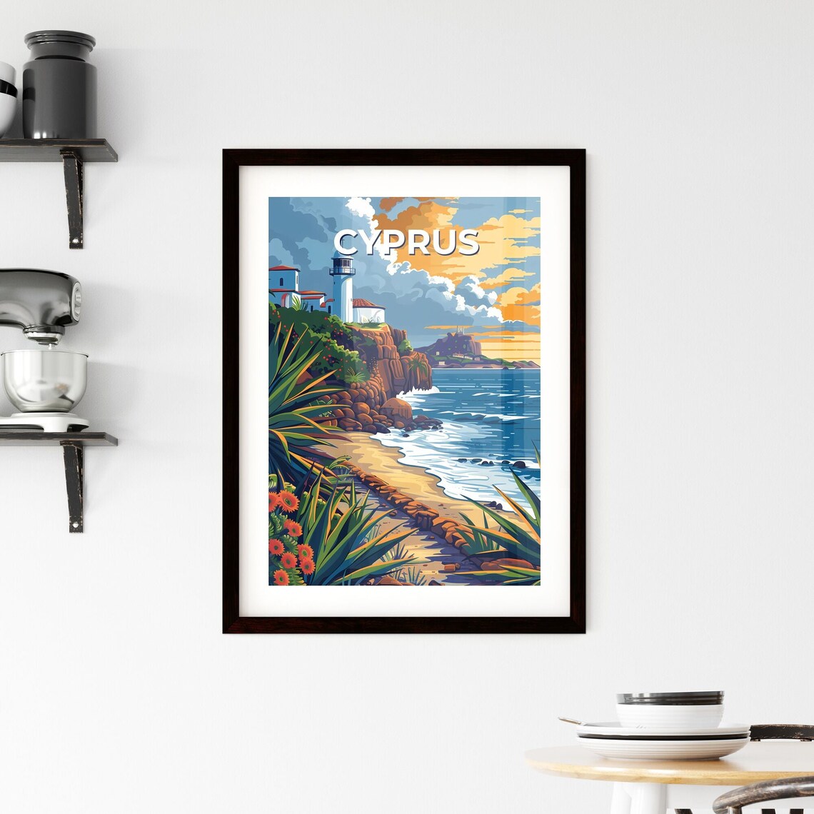 Cyprus Lighthouse Rocky Cliff Beach Sunset Vintage Travel Poster Art - Image 2