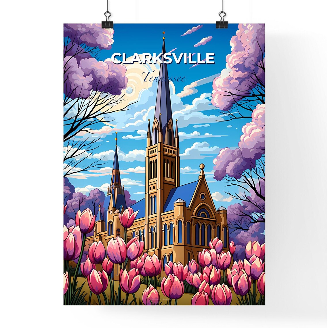 Clarksville Tennessee Spring Tulips Church Steeple Scene Poster - Image 4