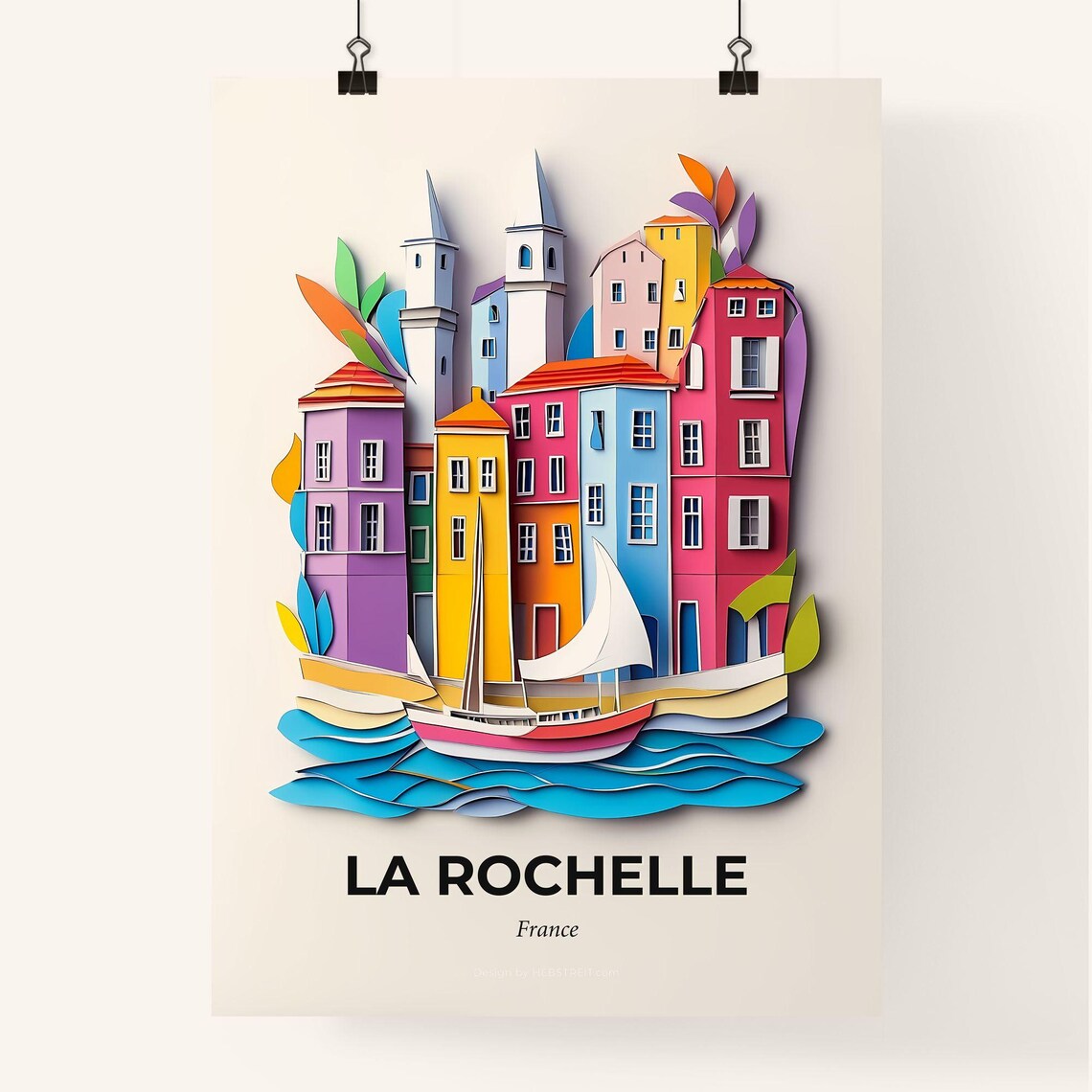 La Rochelle France Colorful Paper Cut Sailboat Harbor Poster - Image 4