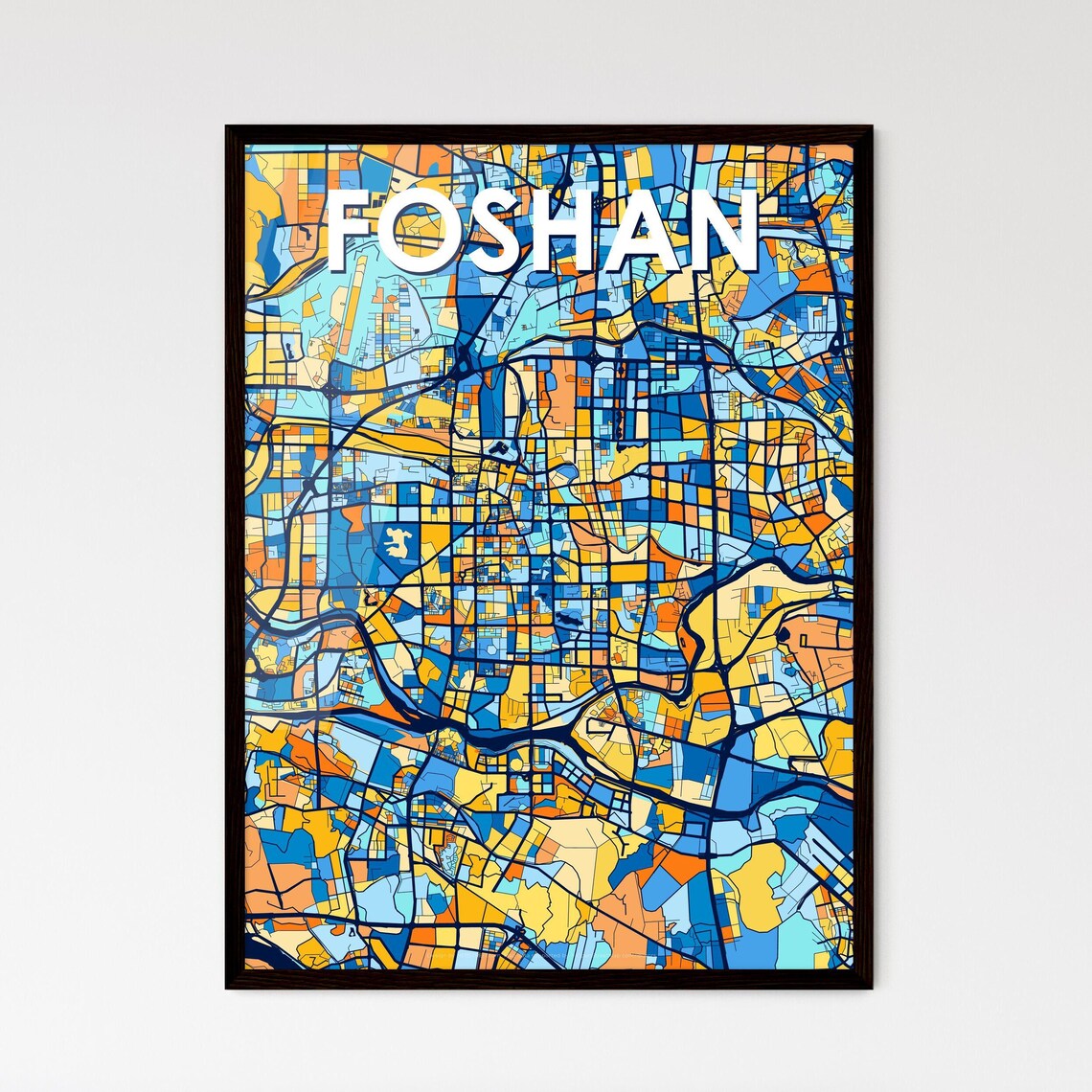 Foshan China Bold City Map Art Poster in Navy Orange and Yellow