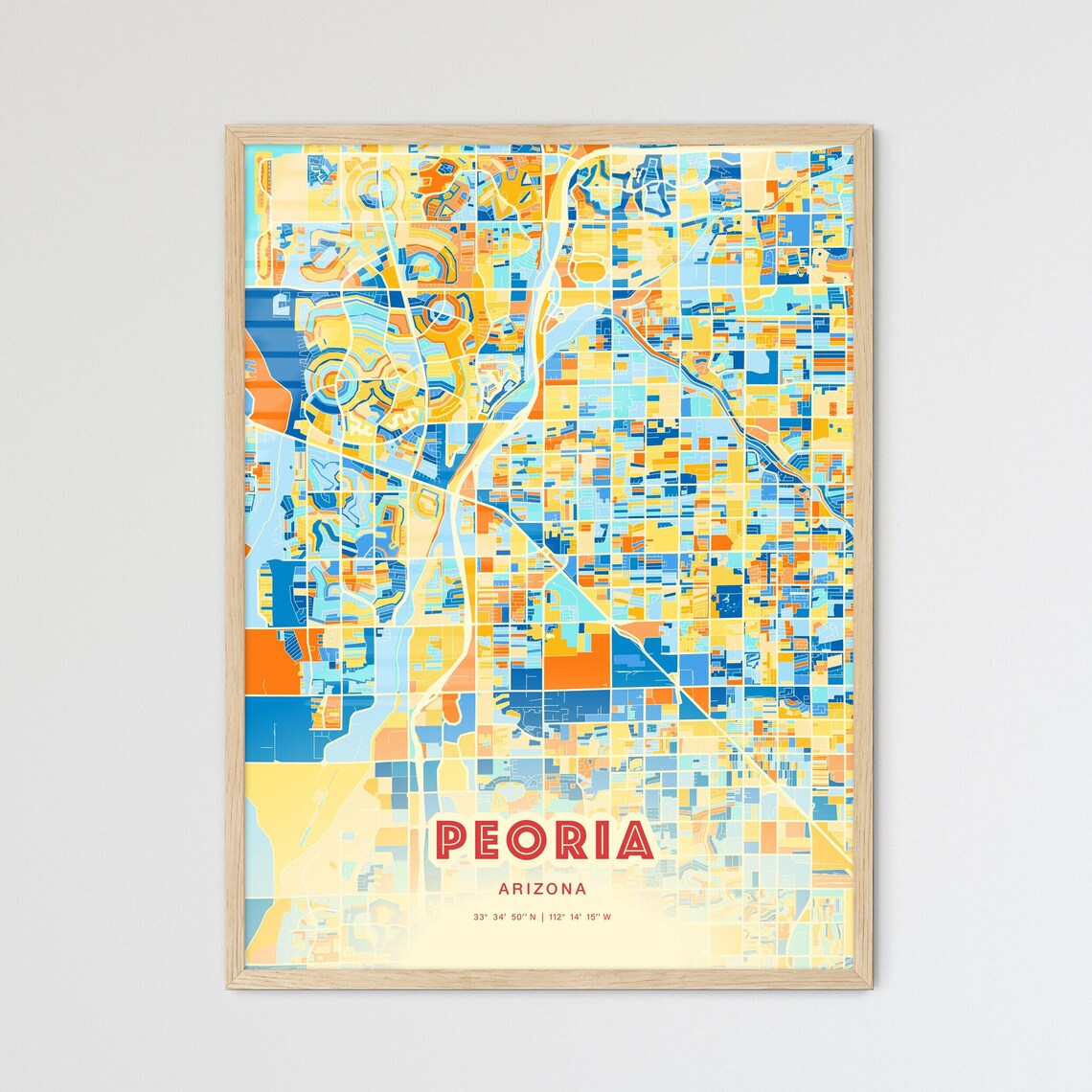 Peoria Arizona Colorful Blue Orange Modern City Street Map Poster