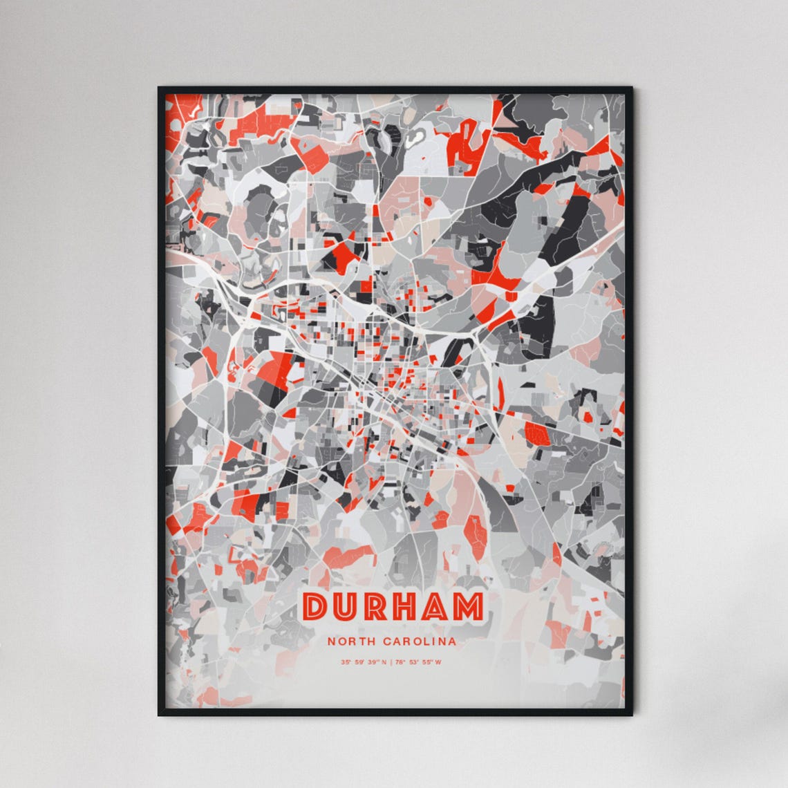 Durham North Carolina Expressive Red Bold City Map Art Poster