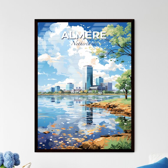 Almere Netherlands Travel Poster Modern Lake City Skyline Reflection Art