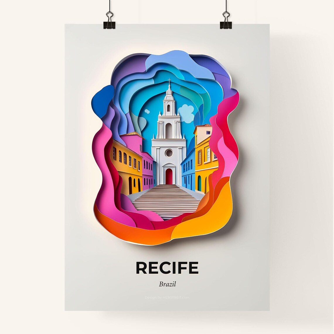 Recife Brazil Colorful Paper Cut Colonial Church Steps Travel Poster - Image 4