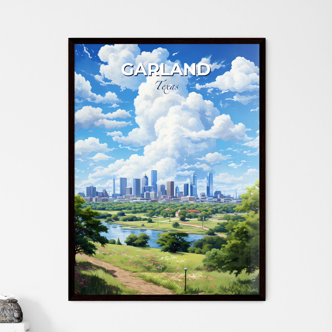Garland Texas Skyline Park Lake Blue Sky Painterly Travel Poster