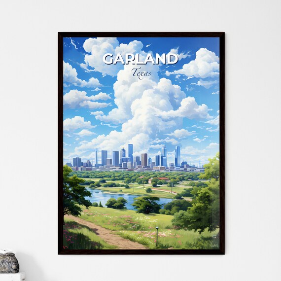 Garland Texas Skyline Park Lake Blue Sky Painterly Travel Poster